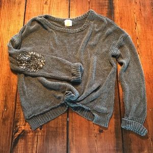 Grey Knit Sweater • Sequin Elbow Patch